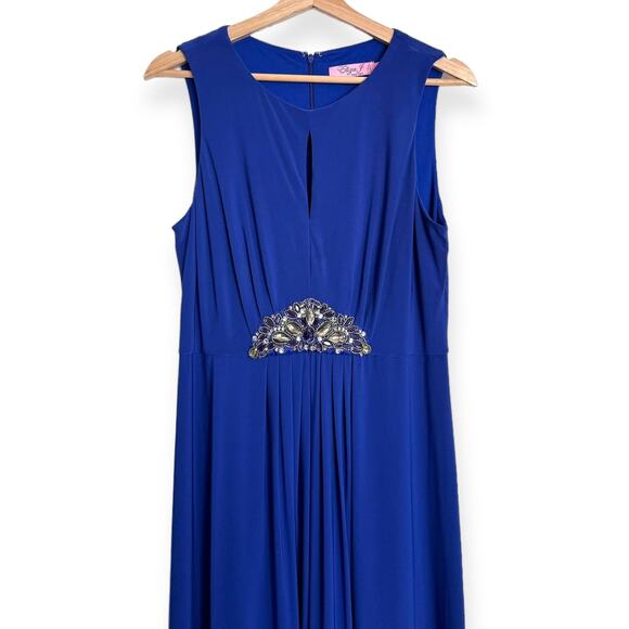 Eliza J Blue Jeweled Empire Waist Keyhole Front Stretch Maxi Dress Women's 12 - Picture 3 of 12